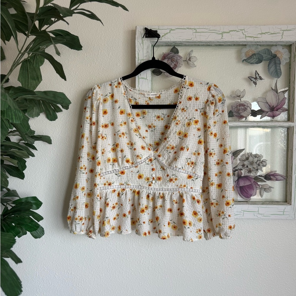 Blu Pepper Floral Peplum Top Women’s Large Cream Yellow Ditsy Print Boho Blouse